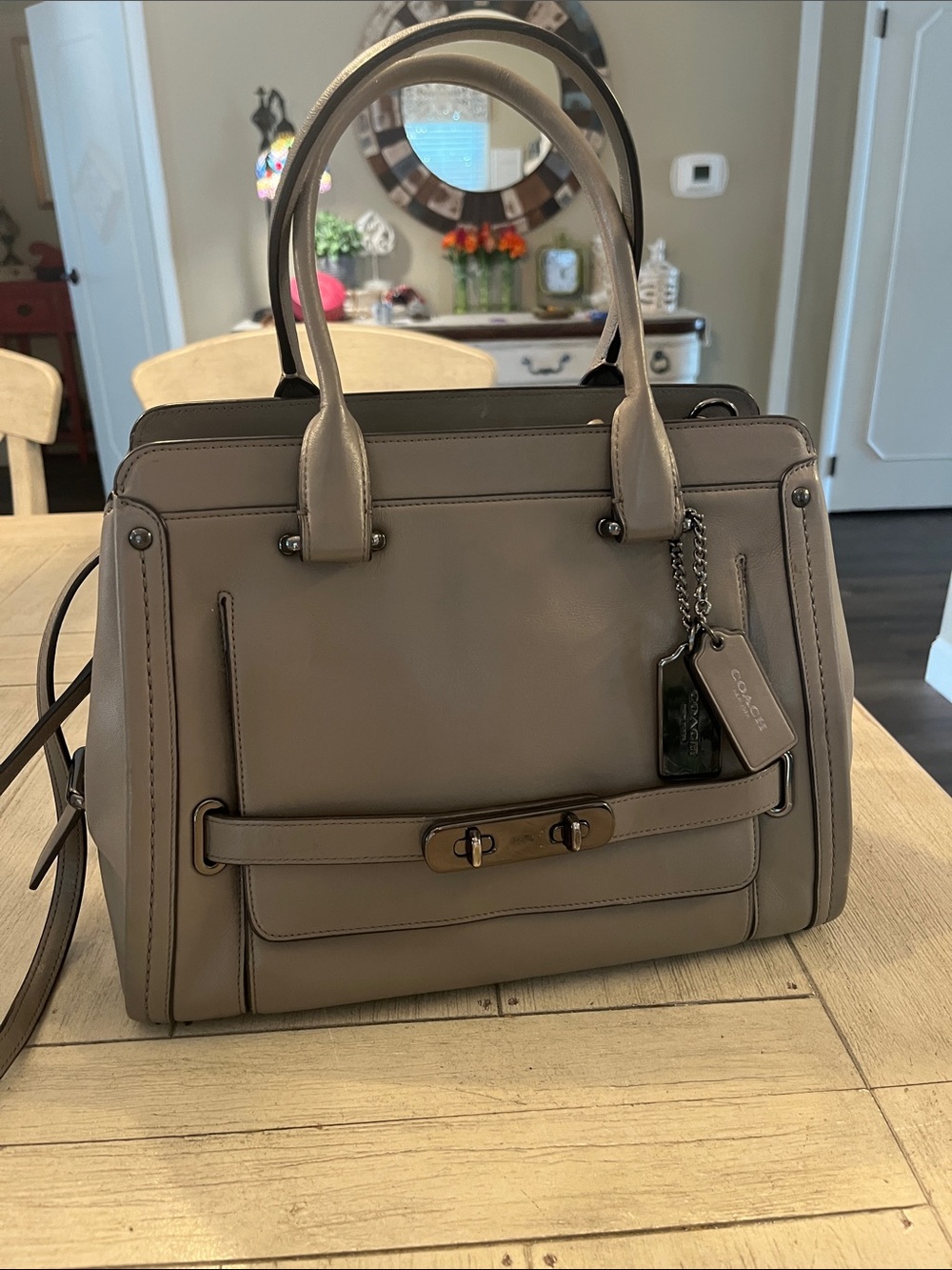 Coach Taupe Gray Leather Satchel with Turnlock Accent